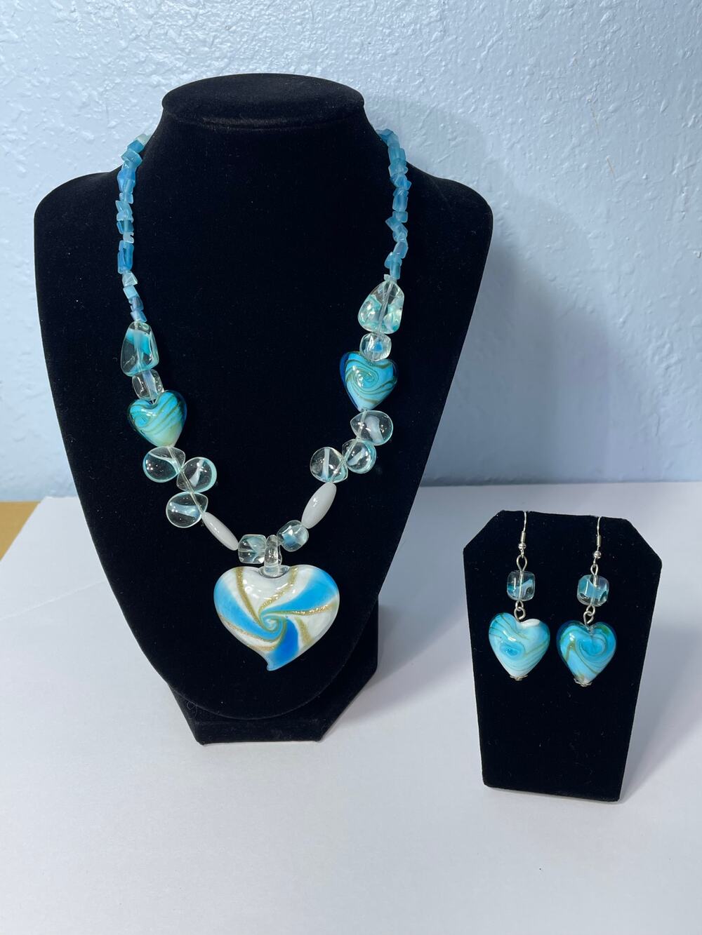 Artisan Turquoise Heart Lampwork Art Glass Beaded Necklace and Earring Set